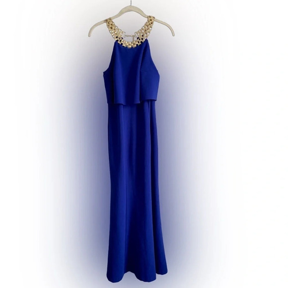 DECODE 1.8 Royal Blue & Gold Chain Halter Mermaid Formal Evening Dress Size 4 - Picture 4 of 16